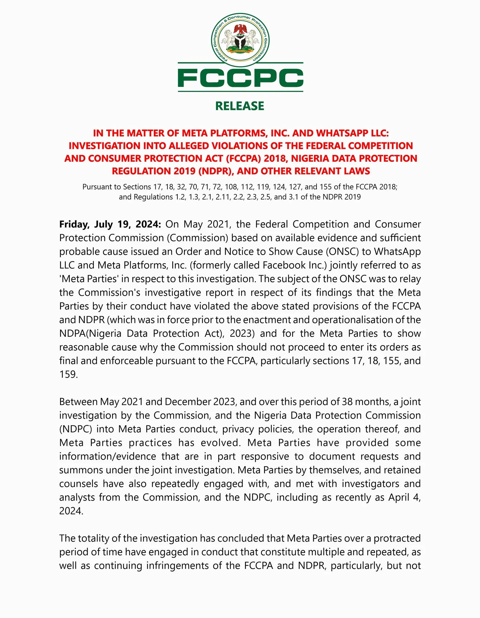 FCCPC OFFICIAL STATEMENT